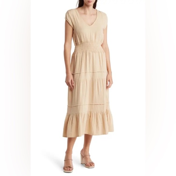 Maisie Women Dress‎ Large Cream Cottagecore Boho Tiered Maci V-Neck Ruched Waist - Picture 1 of 11